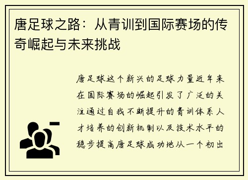 唐足球之路：从青训到国际赛场的传奇崛起与未来挑战